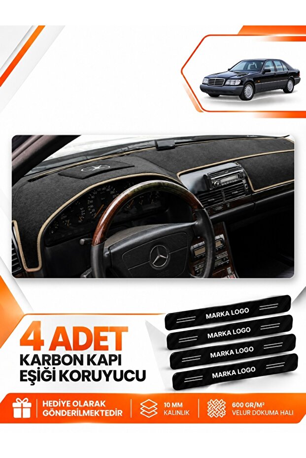 Mercedes W140 (1991-1998) Compatible Front Cover Torpedo Protection Protective Case Carpet - Black-Beige - Mb018