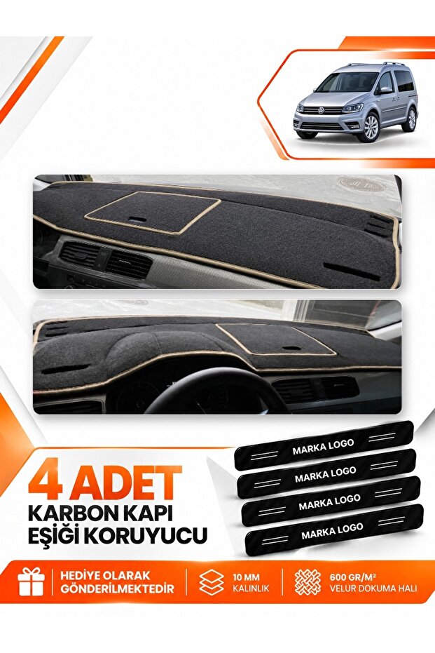 Volkswagen Caddy (2015-2021) Compatible Front Cover Glove Box Protection Carpet - Black-Beige - Vw003