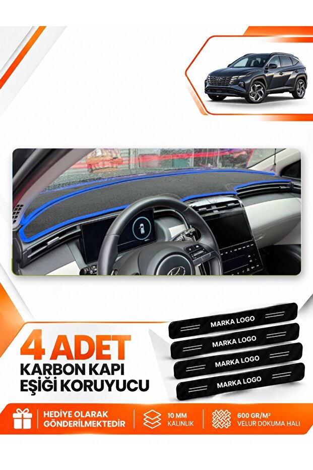 Hyundai Tucson (2021-2024) Compatible Front Torpedo Protection Case Carpet Cover - Black-Blue - Hu037