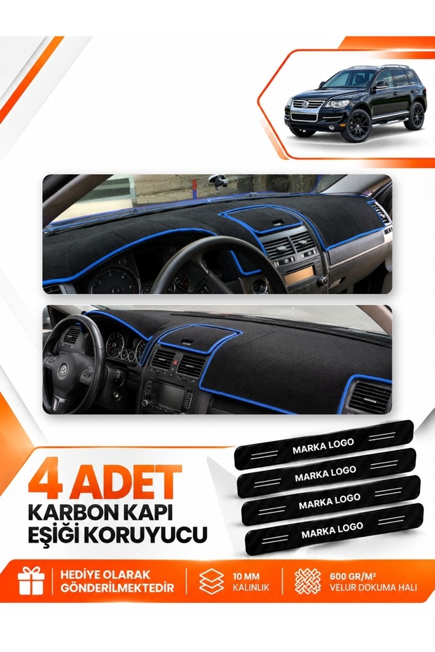 Volkswagen Touareg (2002-2010) Compatible Front Torpedo Protection Case Carpet Cover - Black-Blue - Vw025