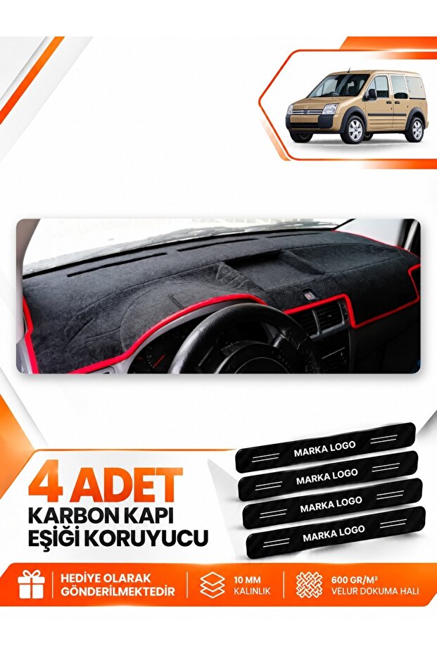 Ford Connect (2002-2008) Compatible Front Torpedo Protection Case Carpet Cover - Black-Red - Fo016