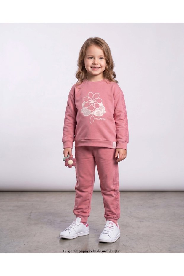 Girl's Floral Printed 6-7-8-9-10 Years Old Scallop Lace Detailed 2-Piece Compact Stylish Top and Bottom Tracksuit Set