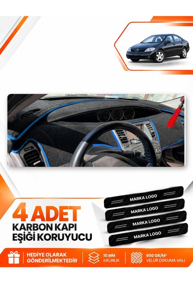 Nissan Primera P12 (2001-2004) Compatible Front Torpedo Protection Carpet Cover - Black-Blue - Ni015