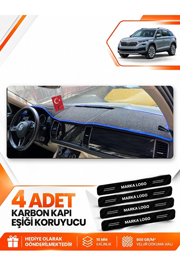 Skoda Kodiaq (2017-2023) Compatible Front Torpedo Protection Case Carpet Protective Cover - Black-Blue - Sk007