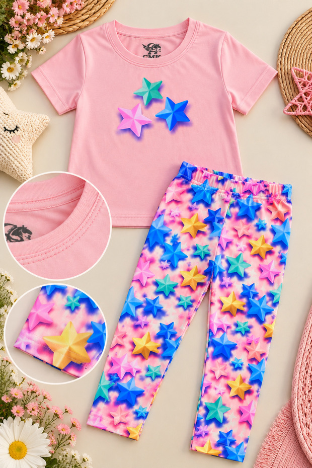 Girl's 3D Star Pattern T-Shirt and Leggings 2-Piece Set