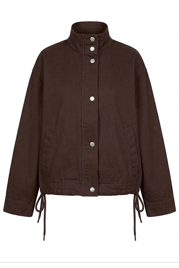 High Collar Waist Tie Detailed Jacket - Brown Brown