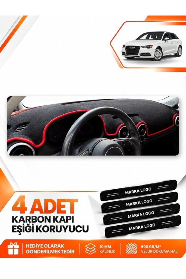 Audi A3 (2013-2020) Compatible Front Torpedo Protection Protective Case Carpet Cover - Black-Red - Au007