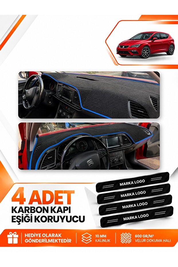 Seat Leon (2013-2020) Compatible Front Glove Box Protection Cover Carpet Protector - Black-Blue - Se006