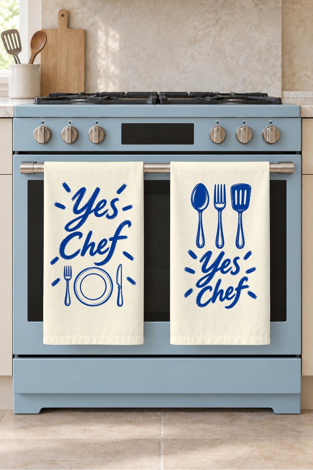 Yes Chef Fork Spoon and Kitchen Text Printed Blue and White 2-Piece Kitchen Towel Set 35X55