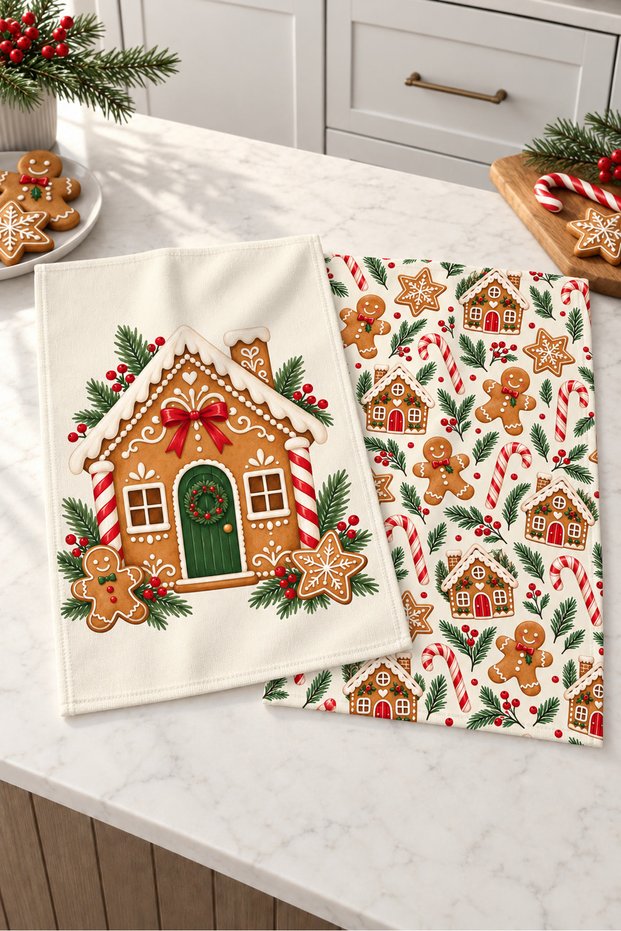 Gingerbread Cookie House Patterned 2-Piece Kitchen Towel Set 40X60
