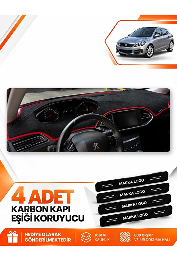 Peugeot 308 (2014-2021) Compatible Front Torpedo Protection Case Carpet Cover - Black-Red - Pe010