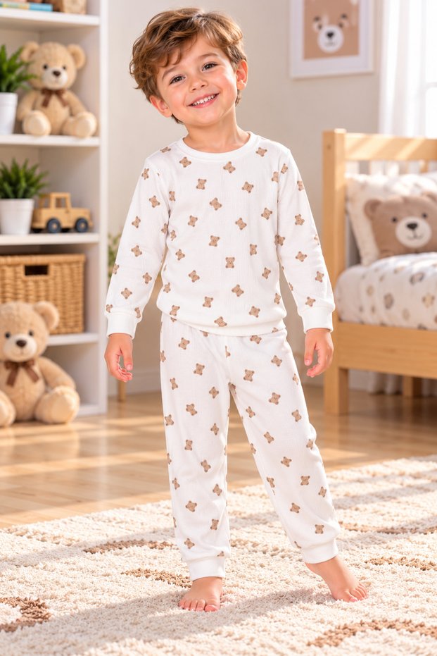 Ss Gi̇yi̇m Boys' Ecru Teddy Bear Patterned 2-Piece Pajama Set – Long Sleeve Children's Pajama Set