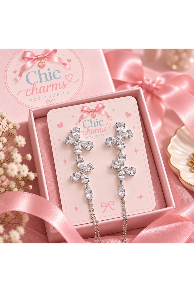 Silver Crystal Floral Long Earrings – Chic Charms