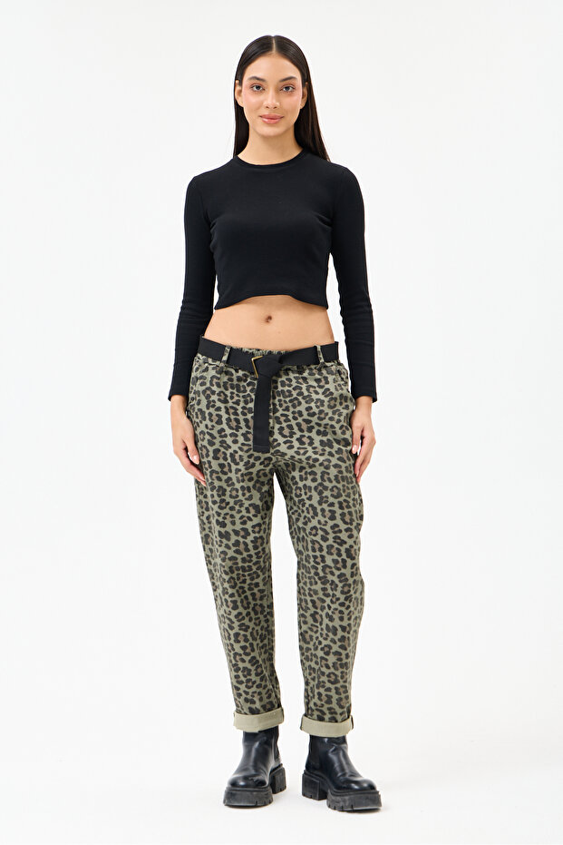 Women's Khaki Italian Plus Size Leopard Patterned Lycra Carrot Pants 40 - 50 Size