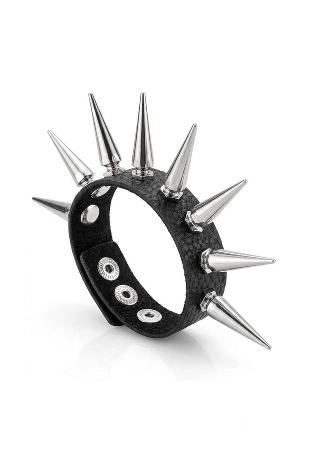 Black Leather Single Row Spikes Studded Gothic Punk 3-Stage Adjustable Bracelet