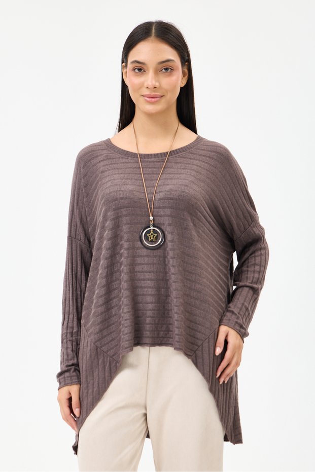 Women's Brown Italian Large Size Self-Horizontal Line Patterned Collared Knitwear Blouse 40 - 48 Size