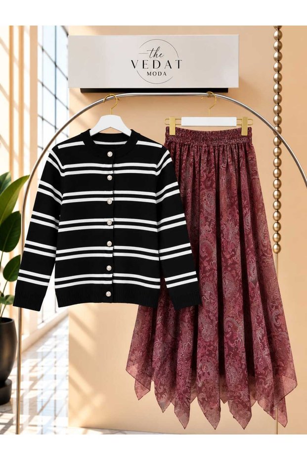 Women's Striped Detailed Small Buttoned Knitwear Cardigan - Tulle Asymmetrical Skirt 0570