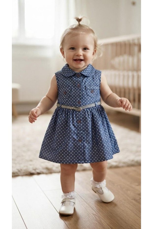 Vrl Ki̇ds 0182 Navy Blue White Starry Belted Dress