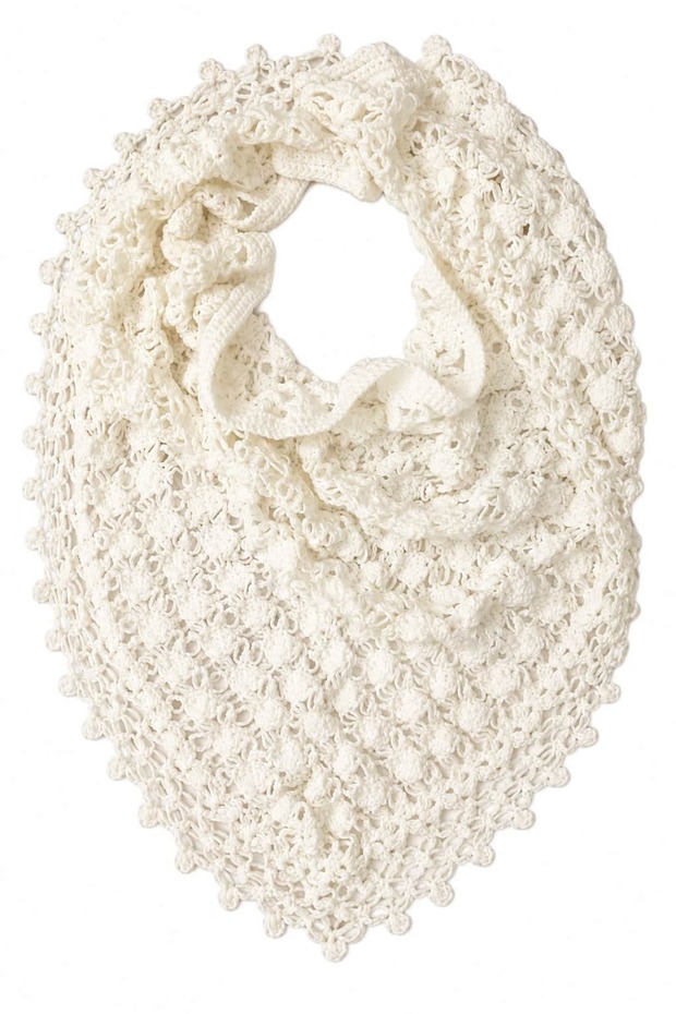 Hand Knitted Triangular Openwork Patterned Ecru Color Tasseled Shoulder Shawl