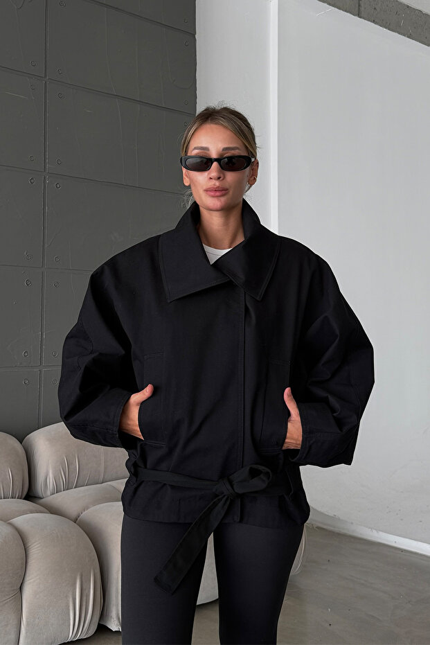 Oversize Gabardine Fabric Belted Stand Collar Women's Jacket