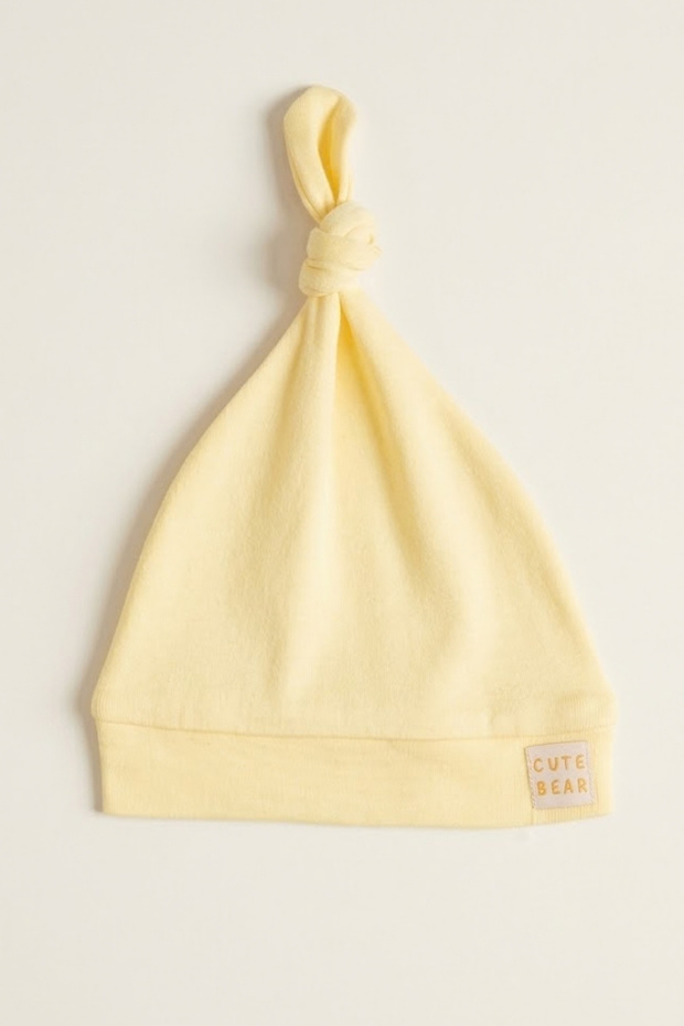 100% Cotton Interlock Cute Bear Embroidered Top-Tie Knotted Baby Beanie Hat 0-6 Months