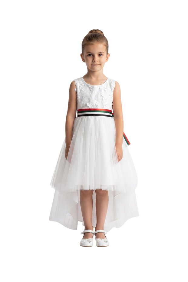 Girls 2-in-1 White Floral Lace High-Low Tulle Party Dress with Removable UAE Flag Belt