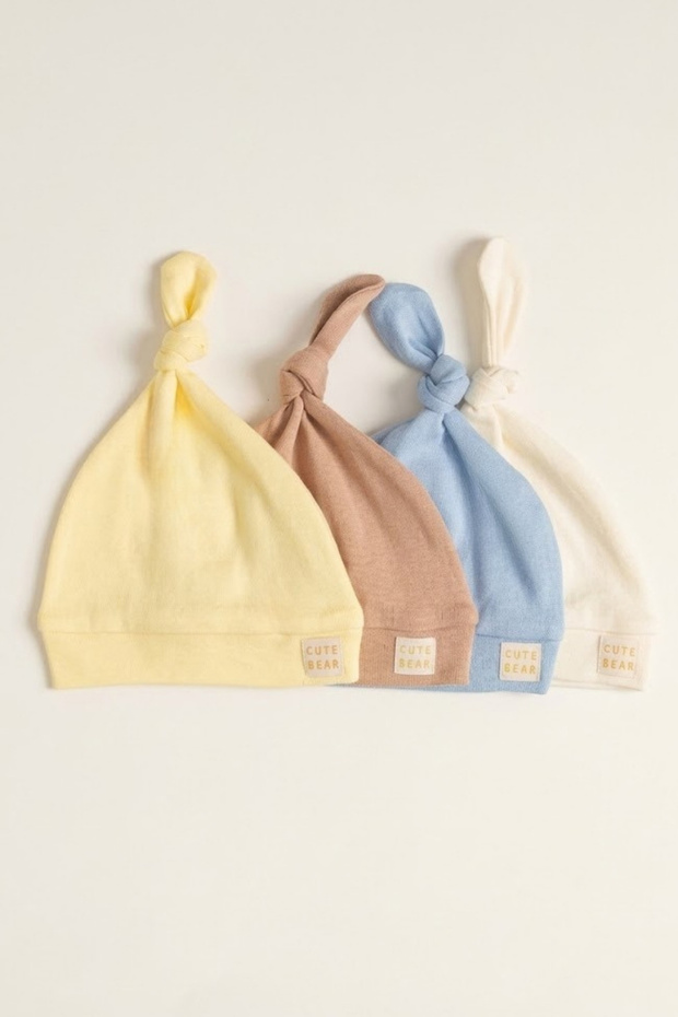 100% Cotton Interlock Cute Bear Embroidered Top-Tie Knotted Baby Beanie Hat 0-6 Months Set of 4 Pack