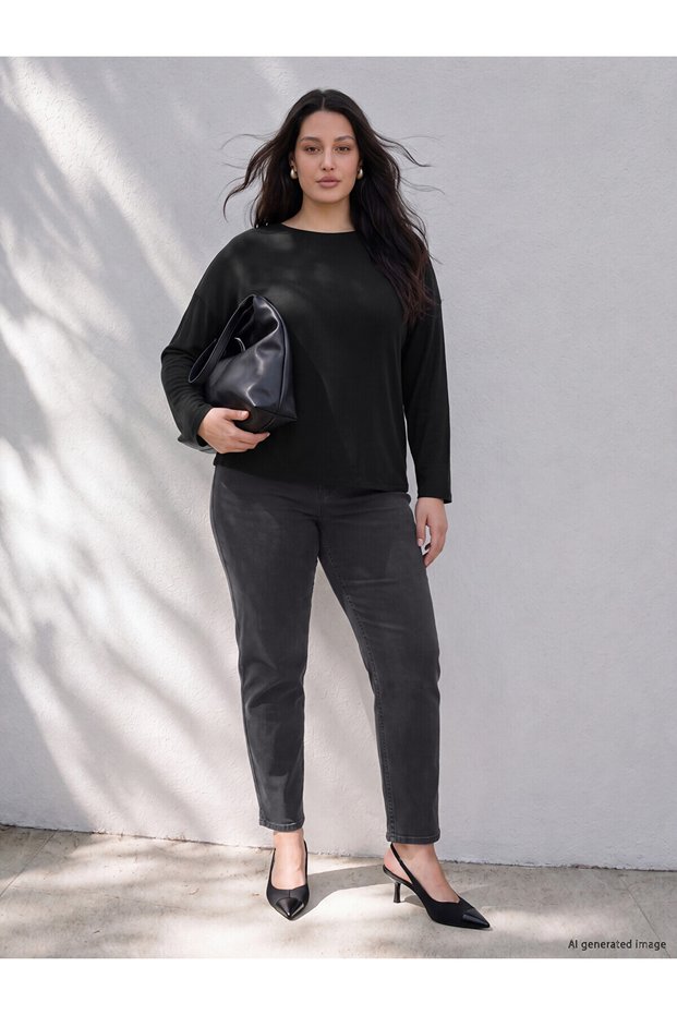 Two Mt Shop Quality Lcw Curve Black Denim Straight Slim & Slim High Waist Narrow Leg Women's Jean Pants