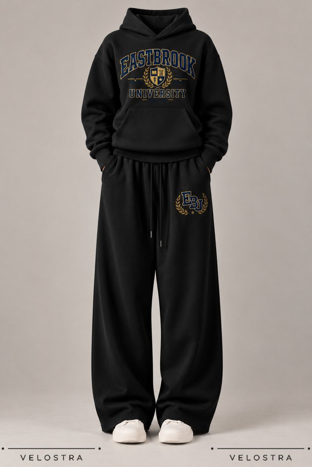 Unisex College University Printed Hooded Wide Leg 100% Cotton Winter Tracksuit Set