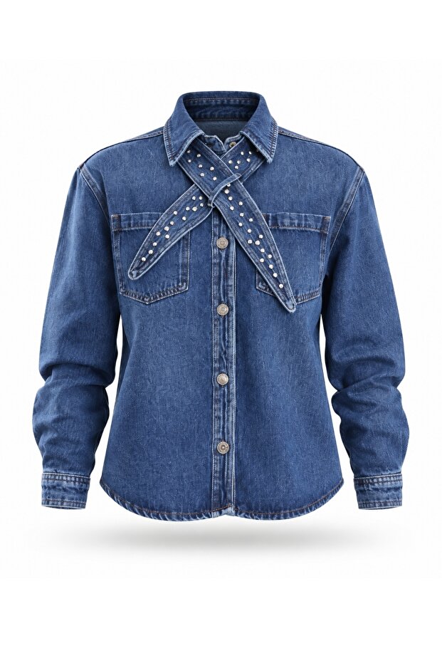 Blue Denim Shirt with Removable Scarf 8430