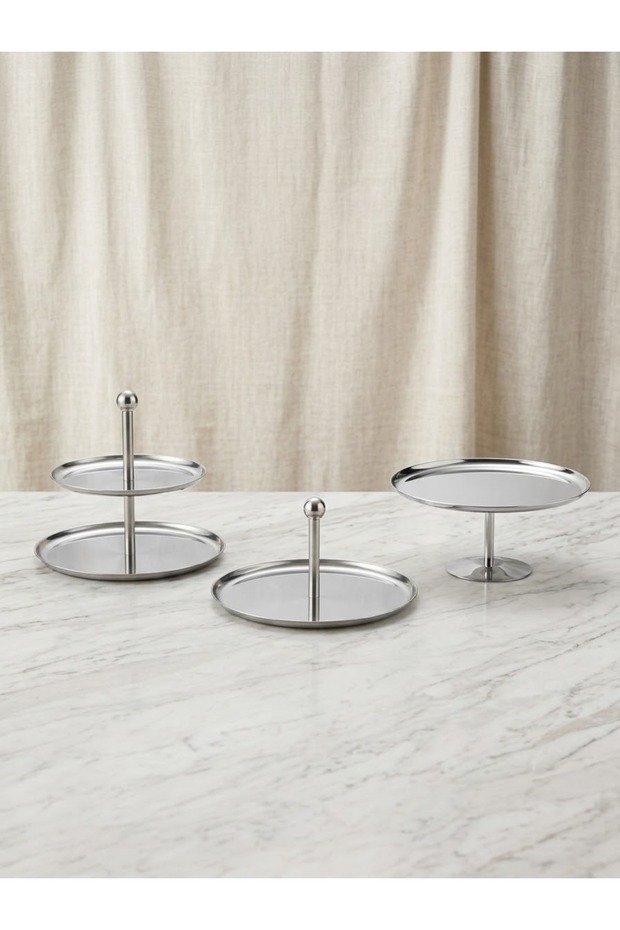 Premium 3-Piece Set - Stainless Steel Double-Layer Stand, Top-Handle Fruit Bowl, and Footed Presentation Plate - Multi-Purpose Presentation Set