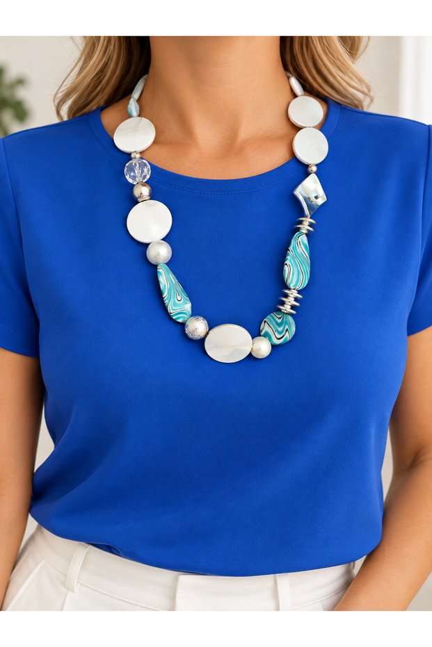 Blue Gray Silver Color Pearl Chunky Beaded Stylish Special Design Necklace