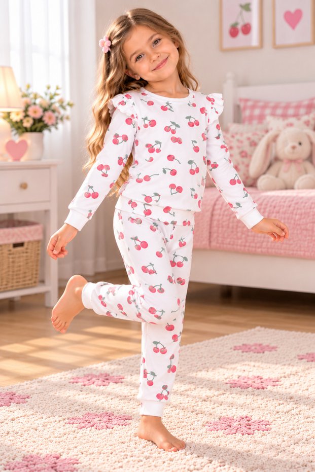 Ss Gi̇yi̇m Girls' White Cherry Patterned Ruffle 2-Piece Pajama Set – Long Sleeve Children's Pajama Set