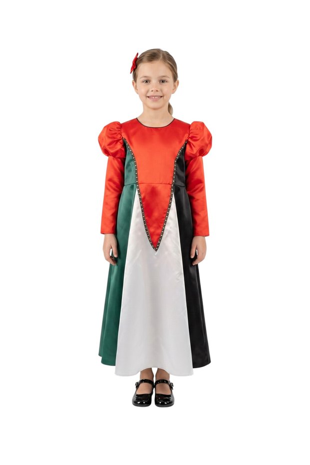 Girls' Palestine Flag Inspired Satin Gown with Puff Sleeves