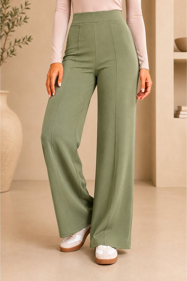 Women's Light Khaki Ribbed Front Wide Fit Loose Leg Modal Fabric High Waist Gathering Pants Leggings