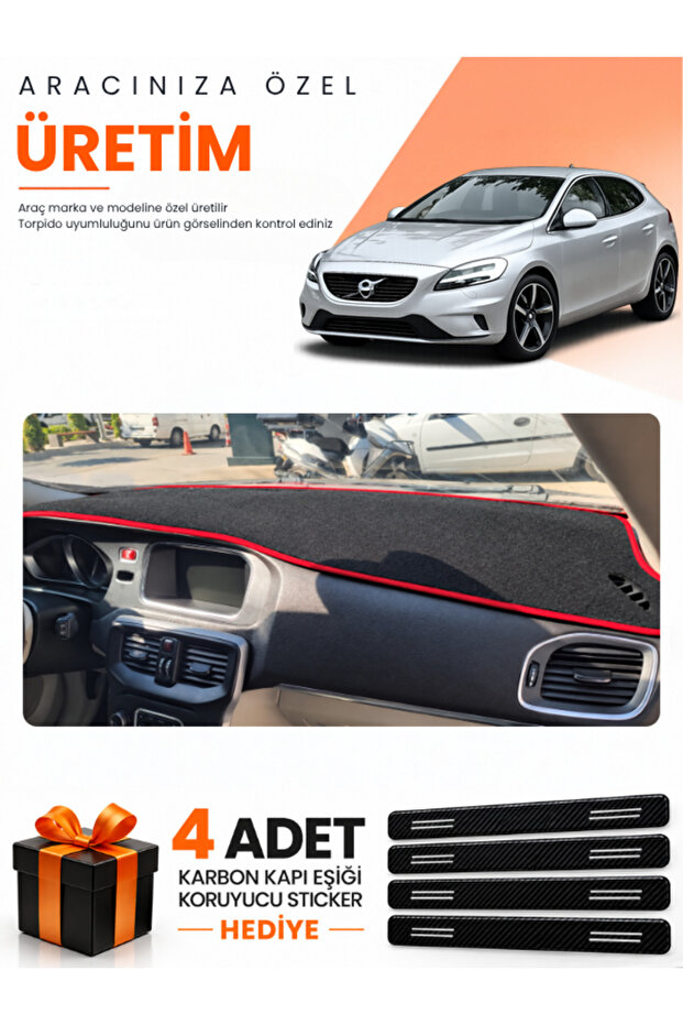 Volvo V40 (2012-2019) Compatible Dashboard Protection Cover Auto Cover - Black-Red - Vo005