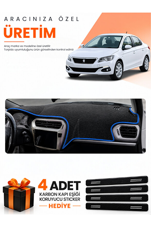 Peugeot 301 (2012-2022) Compatible Dashboard Protection Cover Auto Cover - Black-Blue - Pe007