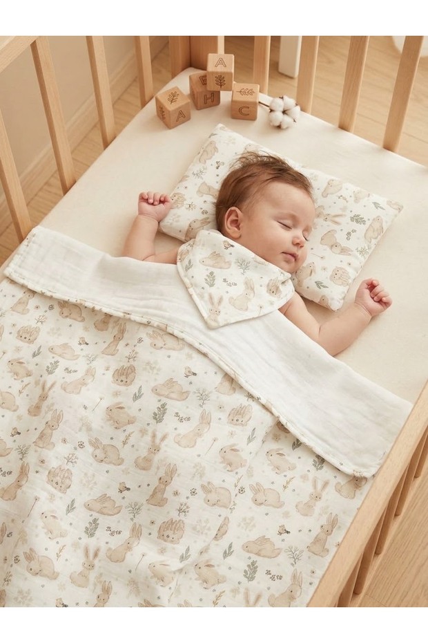 Double Layer Muslin Blanket 100X100, Baby Pillow (30X40) and 3 Mouth Wipes (25X25)