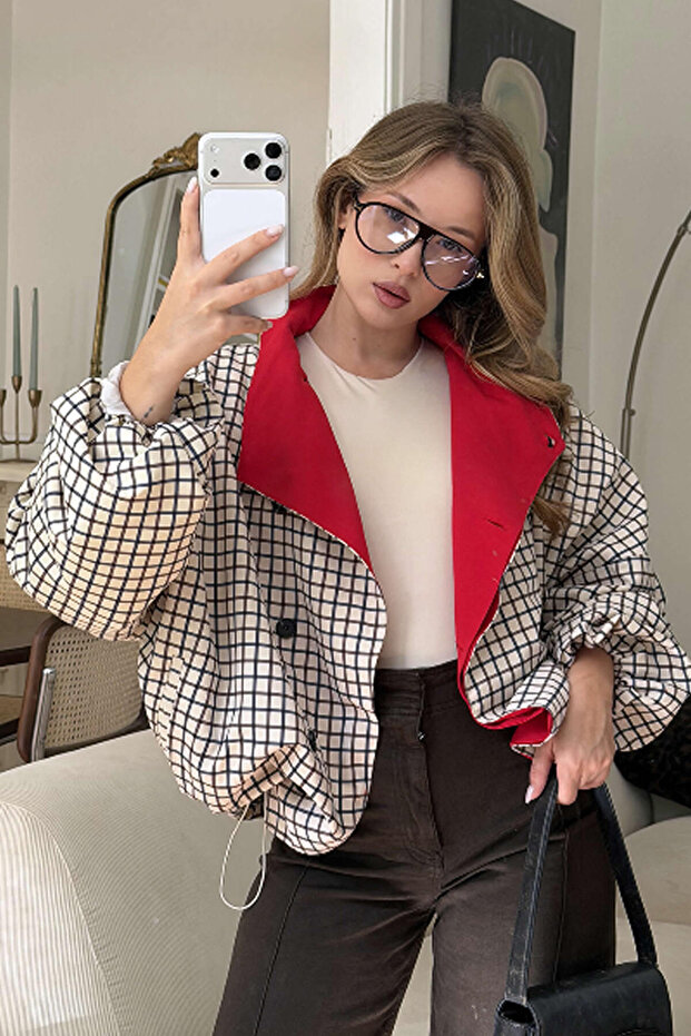 Pepe Comfortable Fit Buttoned Lined Checkered Shawl Collar Red Detailed Women's Coat & Women's Jacket & Trench Coat - Light Beige