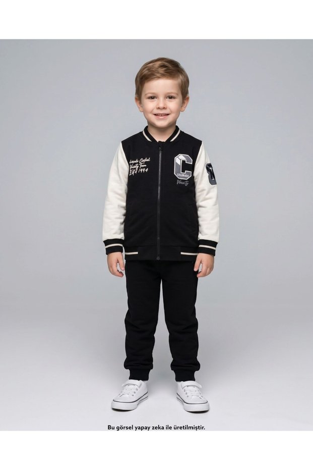 Boy's Seasonal College Jacket with C Embroidery, 6-7-8-9-10 Years Old, Cotton Compact 2-Piece Tracksuit Set