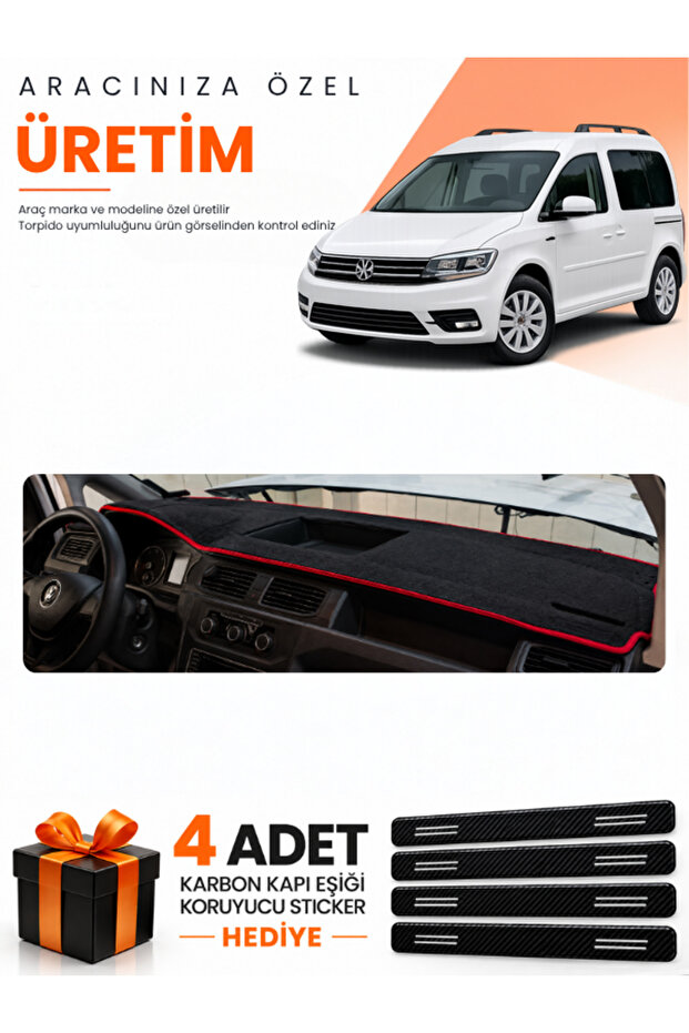 Volkswagen Caddy (2015-2019) Compatible Dashboard Protection Cover Auto Cover - Black-Red - Vw002