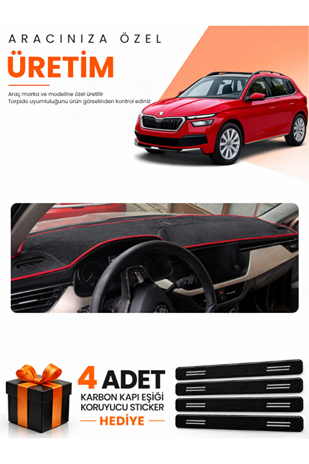 Skoda Kamiq (2020-2025) Compatible Dashboard Protection Cover Auto Cover - Black-Red - Sk005