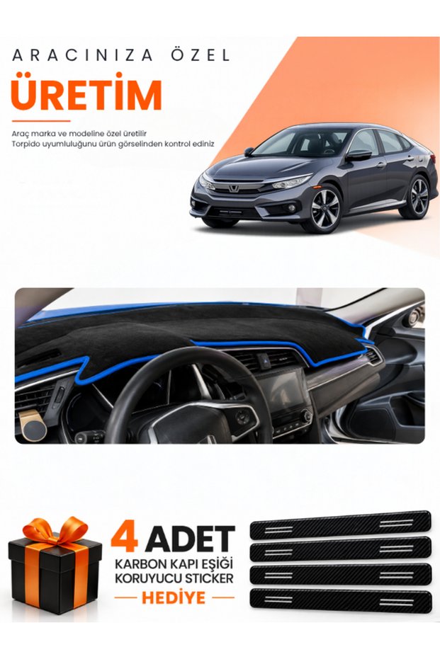 Honda Civic Fc5 (2015-2022) Compatible Dashboard Protection Cover Auto Cover - Black-Blue - Ho012