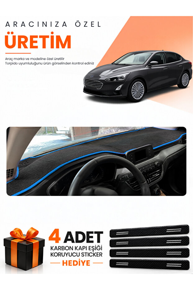 Ford Focus 4 (2017-2021) Compatible Dashboard Protection Cover Auto Cover - Black-Blue - Fo013