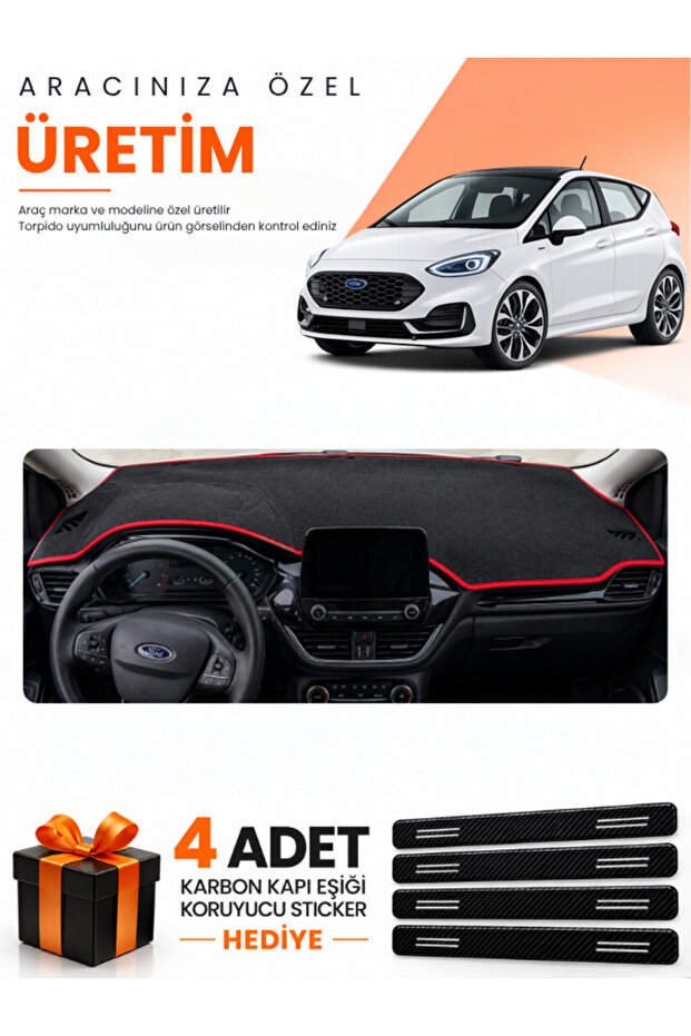 Ford Fi̇esta (2020-2023) Compatible Dashboard Protection Cover Auto Cover - Black-Red - Fo022