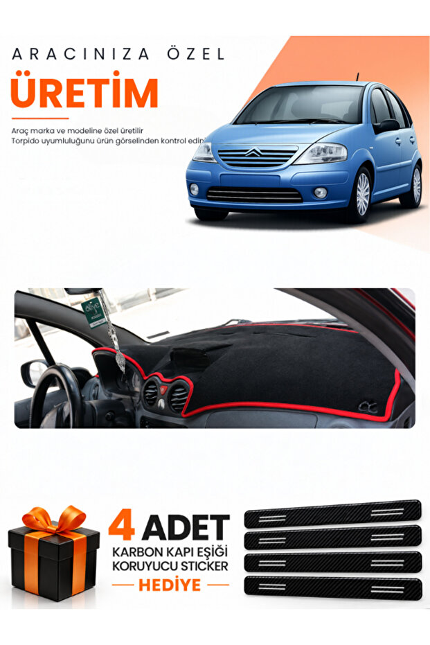 Citroen C3 (2004-2009) Compatible Dashboard Protection Cover Auto Cover - Black-Red - Ci004