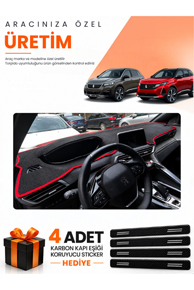 Peugeot 3008 (2016-2023) Compatible Dashboard Protection Cover Auto Cover - Black-Red - Pe014