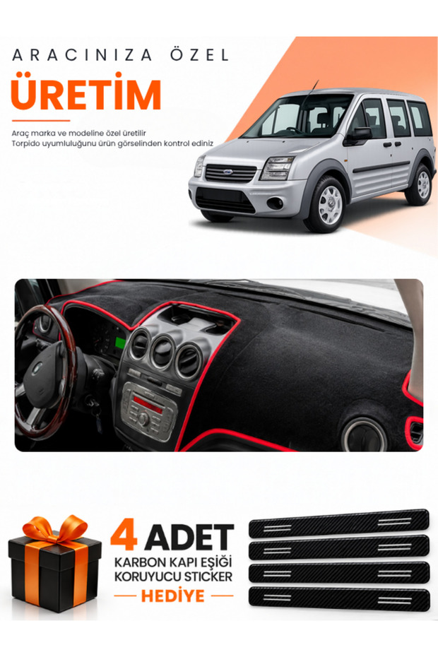 Ford Connect (2009-2012) Compatible Dashboard Protection Cover Auto Cover - Black-Red - Fo017