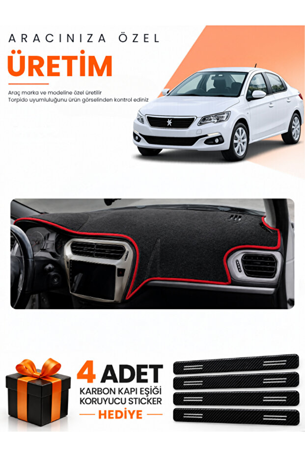 Peugeot 301 (2012-2022) Compatible Dashboard Protection Cover Auto Cover - Black-Red - Pe007
