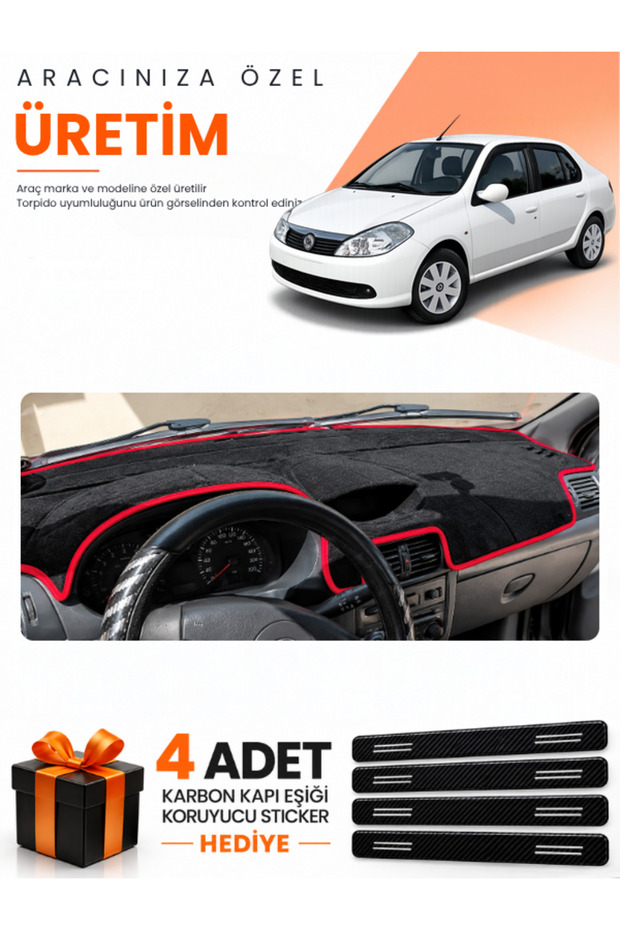 Renault Symbol Airbagged (2008-2011) Compatible Torpedo Protection Cover Auto Cover - Black-Red - Re030